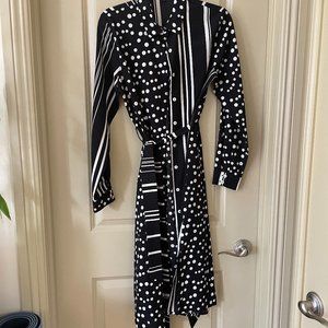 Via Dolce Black Striped Polka Dot Long Sleeve Shirt Dress